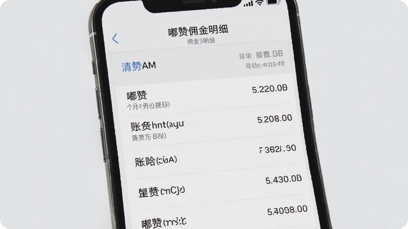 嘟赞佣金明细页面展示,手机屏幕显示列表式账目记录,背景为浅灰色,画面简洁清晰,突出数据可视化与透明度