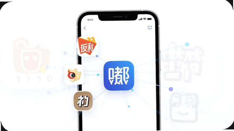 嘟赞返利聚合功能展示图,画面中央为手机界面显示多个电商平台图标汇聚到嘟赞Logo,背景为白色简约风格,光线柔和,突出聚合与便捷感