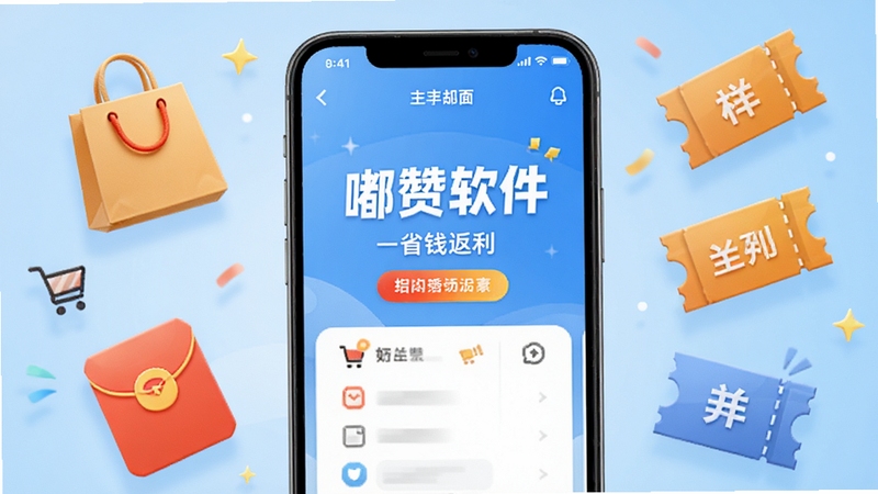 嘟赞软件主界面在手机屏幕中央展示,背景为浅蓝色渐变,周围环绕购物袋、红包、优惠券等图标元素,整体风格清新明亮,突出省钱返利主题