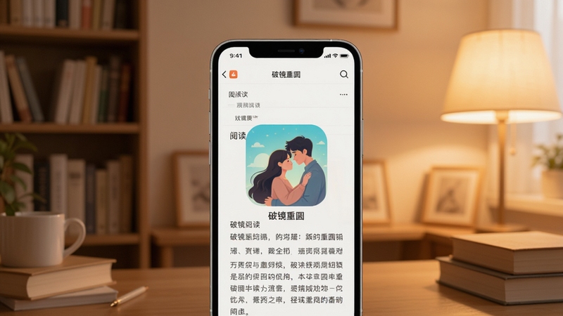 破镜重圆软件主界面展示,画面中央为手机屏幕显示小说阅读页面,背景为温馨的书房环境,柔和暖光,书架上摆满书籍,整体风格清新简约,突出破镜重圆应用图标与阅读界面