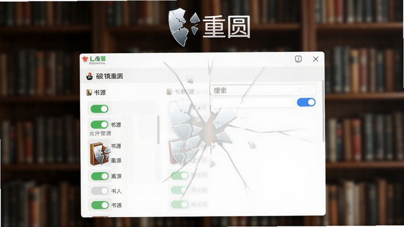 破镜重圆软件书源管理界面,展示多个书源开关与搜索框,背景为书架虚化,破镜重圆logo位于顶部