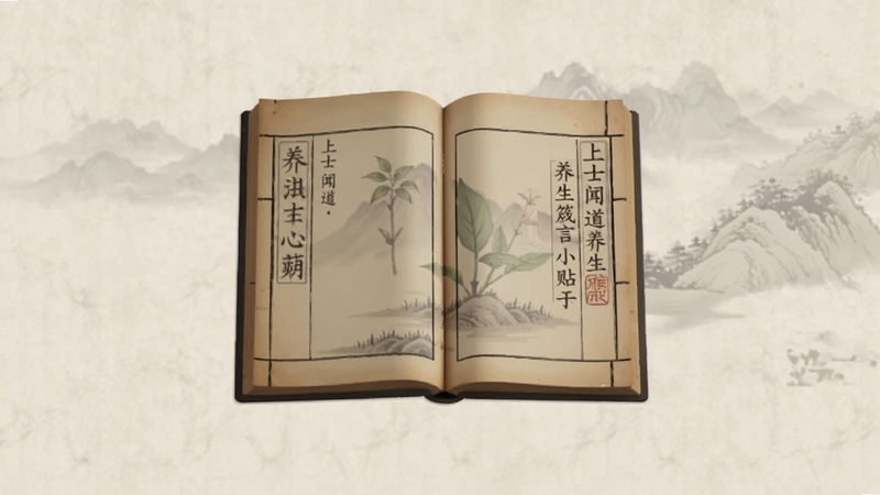 画面中央是一本展开的古典养生书籍,书页上隐约可见上士闻道养生箴言小贴士的文字,背景区域为淡雅的米色宣纸纹理与远山轮廓,整体色调温润古朴,画面主体坐标位于正中央偏上,四周留白充分,适配Boogu模型生成