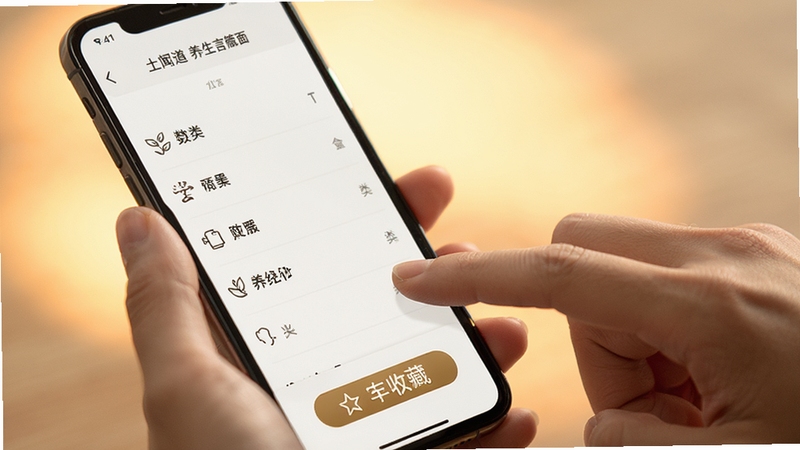 上士闻道养生箴言小贴士移动端操作界面示意图,画面中一双手指正在滑动手机屏幕,屏幕显示分类列表与收藏按钮,背景区域为柔和暖色光晕,主体位于画面中央偏右,细节清晰自然