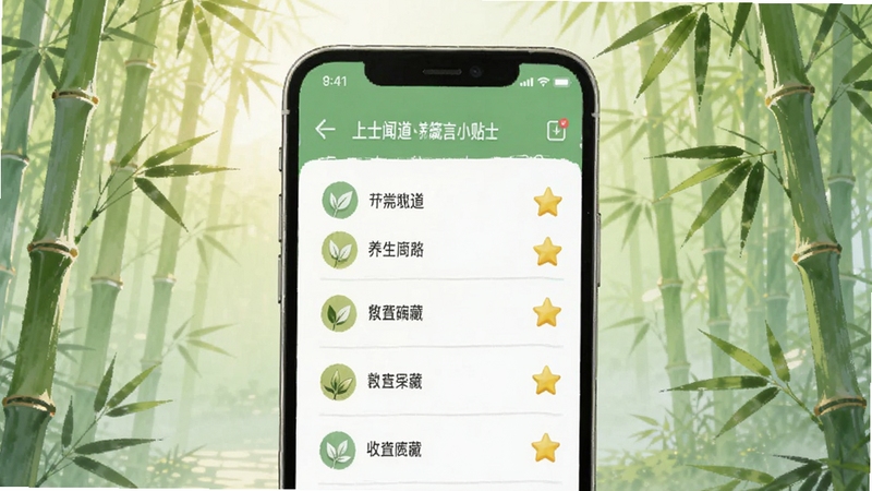 上士闻道养生箴言小贴士应用界面截图风格插画,画面中一部手机屏幕显示分类列表与收藏星标,背景区域为淡绿色竹林与晨光,主体位于画面中央,细节清晰,色调清新自然