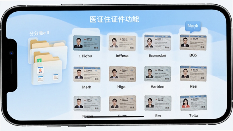 医证宝证件管理功能界面,手机屏幕展示分类文件夹与证件缩略图,背景为浅蓝色渐变,画面简洁明快,突出证件数字化管理概念