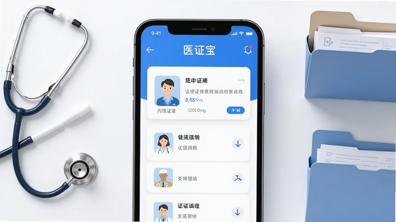 医证宝应用主界面展示,画面中央为手机屏幕显示证件卡片管理列表,背景为简洁的医疗蓝白配色,周围点缀听诊器、文件夹等元素,整体风格清爽专业,适配Boogu模型生成