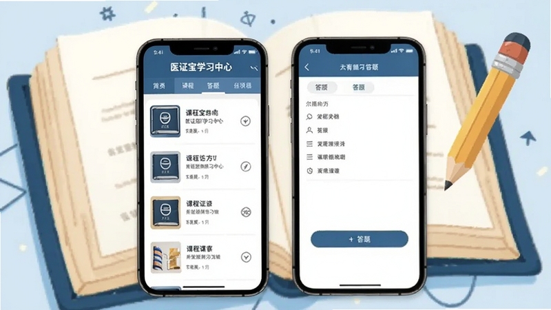 医证宝学习中心界面,手机屏幕显示课程列表与答题界面,背景为书本与铅笔插画,风格清新学术