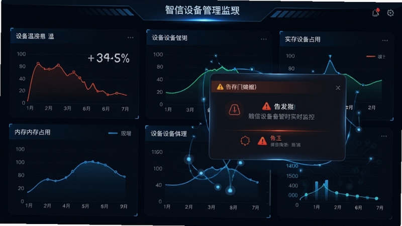 �����豸����ʵʱ����Ǳ��̽��棬��ʾ�豸�¶ȡ��ڴ�ռ������ͼ��澯��ʾ��������ɫ�Ƽ��������������Ч