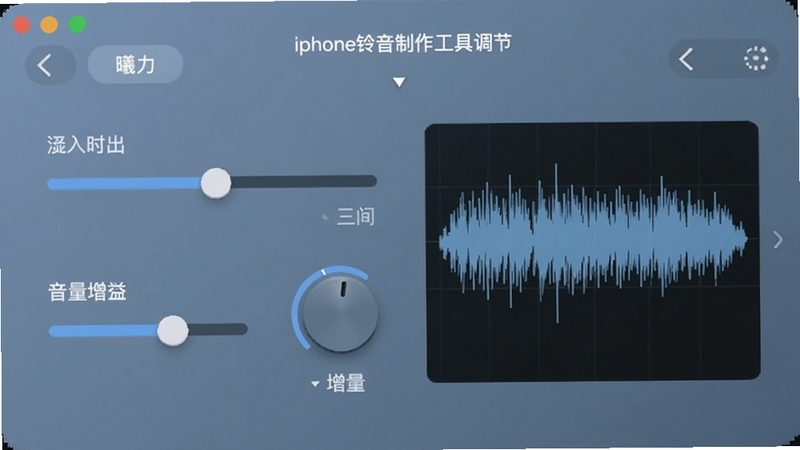 曦力iphone铃音制作工具音效调节面板,界面上有淡入淡出时长滑块、音量增益旋钮和实时波形预览,背景为柔和的蓝灰色调,突出参数调节的直观性