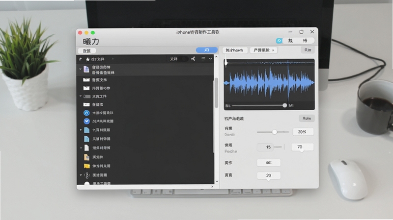 曦力iphone铃音制作工具软件主界面全貌,画面中央是软件操作窗口,左侧为音频文件列表区域,右侧为铃声裁剪波形与参数设置面板,背景为简洁的浅灰色办公桌面环境,整体风格清爽专业,适配Boogu模型生成