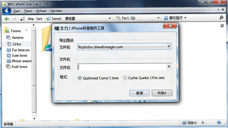 曦力iphone铃音制作工具导出设置对话框截图,界面上有导出路径选择框、文件名输入栏和格式确认选项,背景为Windows系统文件资源管理器风格