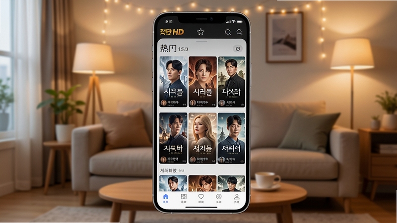 韩剧HD软件主界面展示,画面中央是手机屏幕,屏幕内显示韩剧HD应用首页,有热门韩剧推荐海报墙,背景是柔和的客厅场景,暖色调灯光,高清画质,细节丰富,整体风格现代简洁