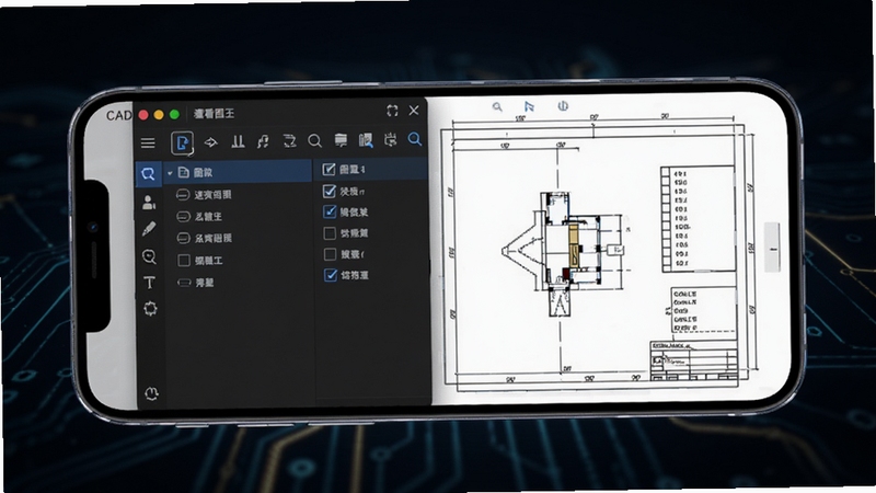 CAD手机速看图王图层管理界面展示,手机屏幕中显示图层列表面板与CAD图纸内容,用户可以勾选或取消勾选图层,背景为深色科技风格,突出图层控制功能