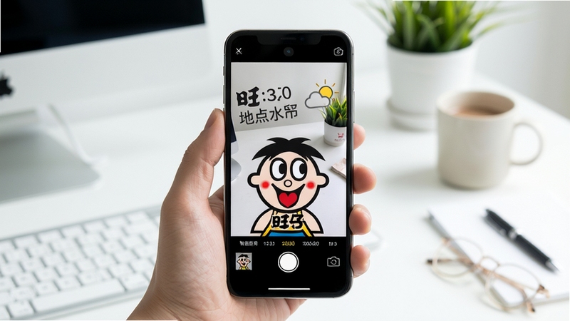 旺仔打卡相机智能水印打卡界面展示,手机屏幕中显示带有时间地点天气水印的打卡照片,背景是清新简约的桌面环境,画面明亮清晰,突出水印模板的多样性