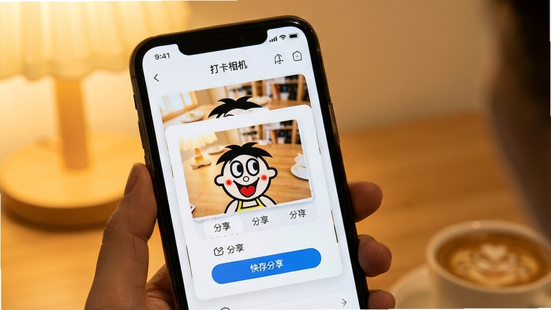 旺仔打卡相机快速分享与保存功能展示,手机界面呈现照片分享菜单和相册分类列表,背景为柔和暖色调,突出便捷分享与有序管理的使用体验