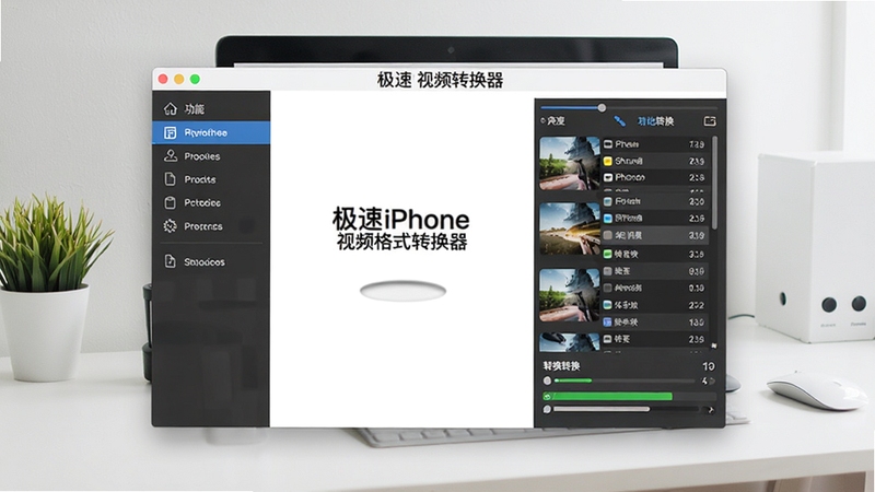 极速iPhone视频格式转换器软件主界面全貌展示,画面中央为软件操作窗口,左侧显示功能导航栏,右侧为视频文件列表与转换进度区域,背景为简洁的浅色办公桌面环境,整体画面清晰明亮,突出软件名称与核心功能,适配Boogu模型生成