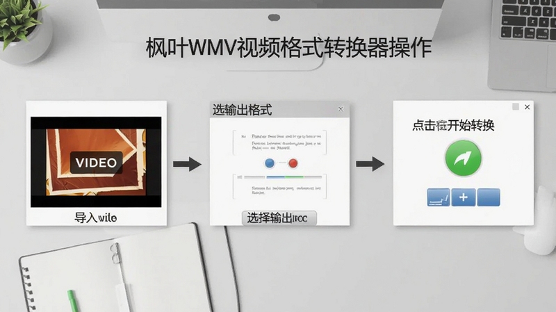 枫叶WMV视频格式转换器操作步骤示意图,画面展示从导入视频到选择输出格式再到点击开始转换的三步流程,界面元素清晰,背景为浅灰色工作台,风格简洁商务