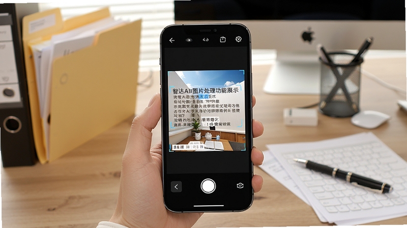 智达AI图片处理功能展示,手机屏幕上显示一张图片正在被智达AI识别并提取文字,背景为办公桌面,有文件夹和笔,突出实用工具属性