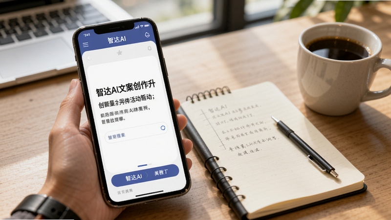 智达AI文案创作界面,画面展示手机屏幕中智达AI正在生成一段活动文案,旁边有笔记和咖啡杯,整体氛围轻松,体现创作效率提升