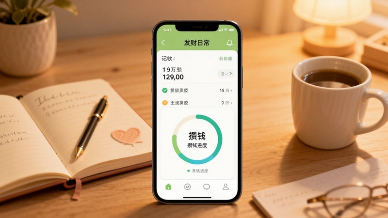 发财日常软件主界面展示,画面中央是手机屏幕,屏幕内显示记账列表与攒钱进度环,背景是温馨的暖色调书桌场景,有笔记本和咖啡杯,整体风格清新简洁,适合Boogu模型生成