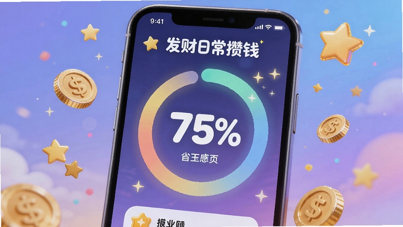 发财日常攒钱目标进度页面,画面主体是手机屏幕显示一个圆形进度环达到百分之七十五,周围散落金币和星星装饰,背景是柔和的渐变蓝紫色,风格活泼可爱,适合Boogu模型生成