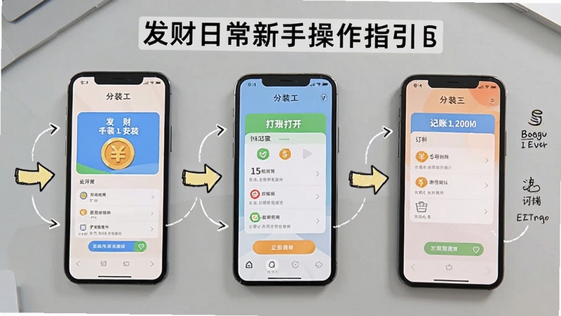 发财日常新手操作指引图,画面展示手机屏幕分步骤显示安装、打开、记账三个环节,旁边有手绘风格的箭头和标注,背景是浅灰色桌面,整体清晰易读,适合Boogu模型生成