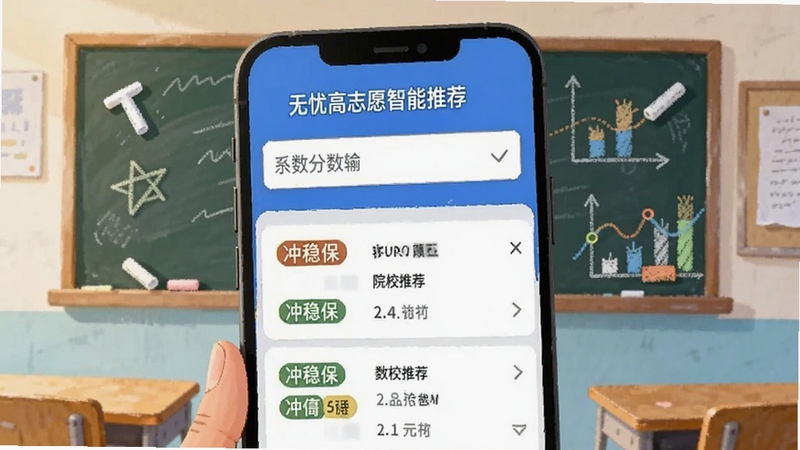 掌上无忧高考志愿智能推荐页面截图风格插画,画面中手机屏幕显示分数输入框与院校推荐列表,列表项带有冲稳保标签,背景为教室黑板与粉笔元素,色彩明快,突出智能匹配与数据分析氛围