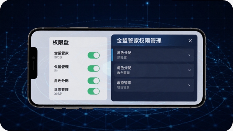 金盟管家权限管理设置界面图,画面主体为手机屏幕展示权限开关与角色分配面板,背景为深蓝色科技感网格纹理,突出金盟管家的安全管控特性,画面风格沉稳专业,适合Boogu模型生成