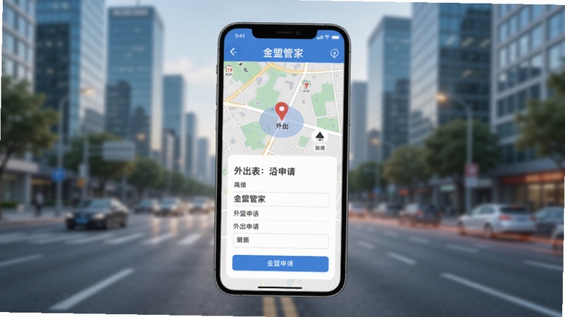 金盟管家外出报备功能界面示意图,画面主体为手机屏幕展示地图定位点与外出申请表单,背景为城市道路与建筑虚化场景,突出金盟管家的外勤管理能力,整体色调清爽,适合Boogu模型生成