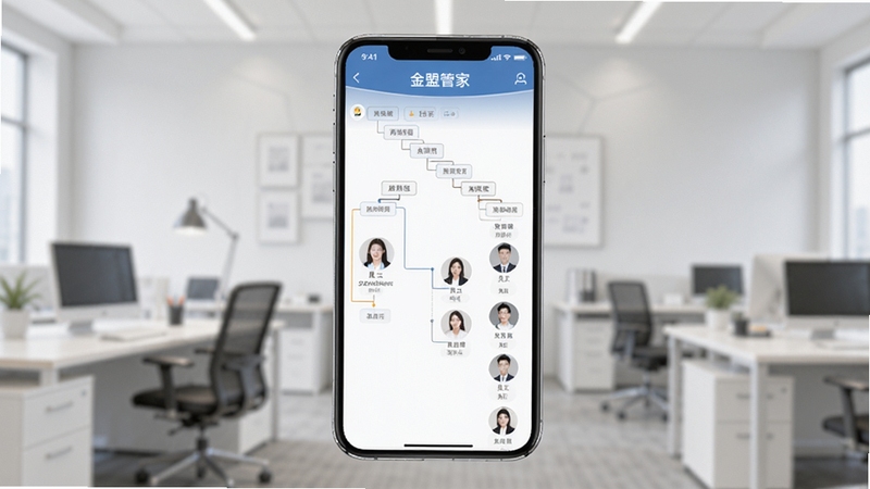 金盟管家员工通讯录功能展示图,画面中央为手机屏幕显示组织架构树状图与员工头像列表,背景为浅灰色办公环境虚化,体现金盟管家通讯录模块的便捷性与专业感,适合Boogu模型生成