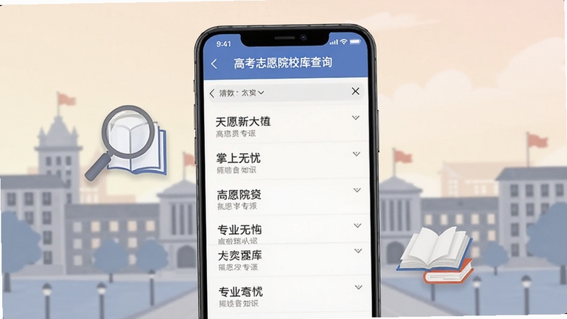 掌上无忧高考志愿院校库查询界面,画面展示手机屏幕中院校列表与专业详情页,屏幕旁有放大镜与书籍图标,背景为大学校园建筑剪影,整体色调柔和,体现信息查询与知识获取的场景