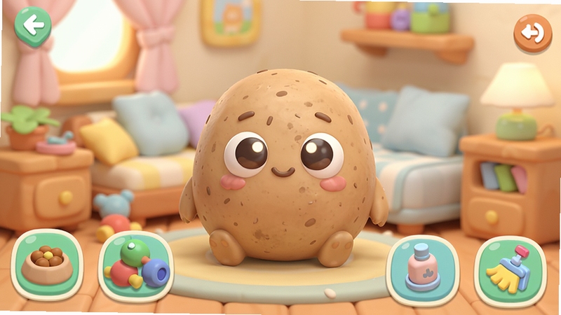 �ҵĳ���Pou����������ɽ��棬һֻԲ��ɰ�����������������Pou������ܰ�������Χ��ʳ���ߺ������Ʒͼ�꣬ɫ��������ͣ���ͨ3D��Ⱦ��񣬻���ϸ�ڷḻ���ʺ���Ϊ��������չʾͼ