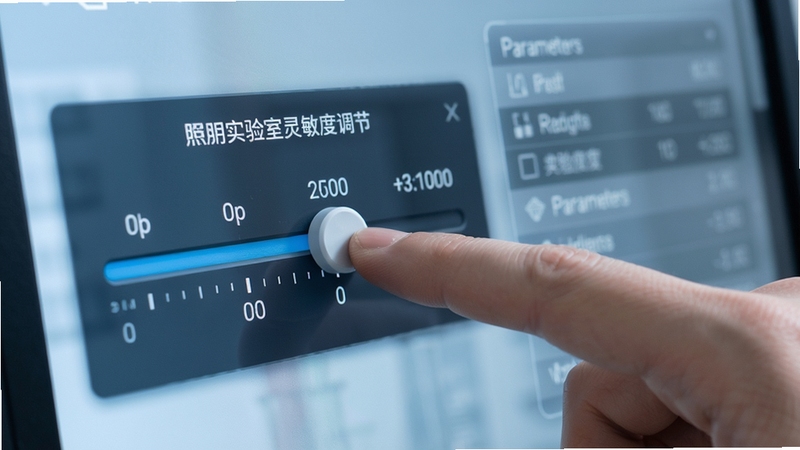 瞄准实验室灵敏度调节界面,画面展示滑动条与数值刻度,手指正在拖动滑块,背景为半透明参数面板,整体色调冷静专业
