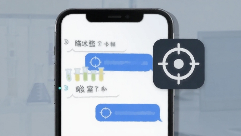瞄准实验室问答界面示意图,画面展示手机屏幕上的问答对话气泡与瞄准实验室图标,背景为柔和的蓝灰渐变,风格亲切易懂