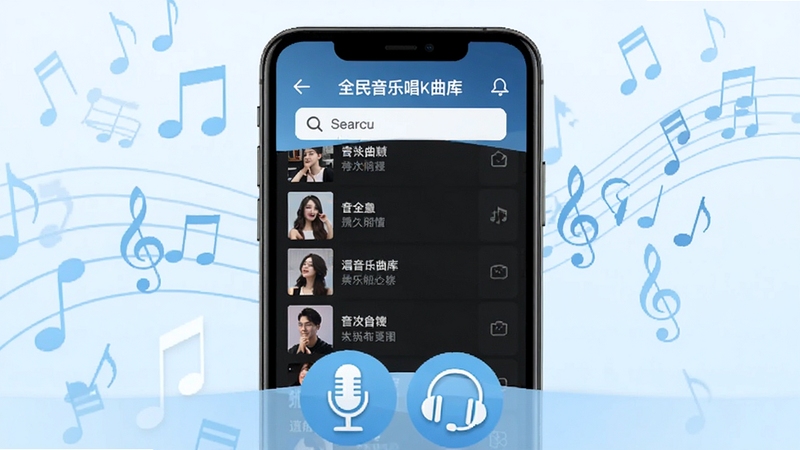 全民音乐唱k曲库搜索界面,画面主体为手机屏幕显示歌曲列表与搜索框,背景为淡蓝色音乐符号飘落效果,屏幕下方有麦克风与耳机图标装饰,整体色调清爽,适配Boogu模型生成