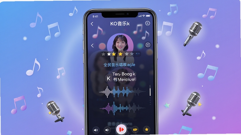 全民音乐唱k软件主界面展示,画面中央为手机屏幕,屏幕内呈现K歌演唱界面与滚动歌词,背景为柔和的蓝紫色渐变光晕,四周散落音符与麦克风图标,整体风格清新明快,适配Boogu模型生成,细节包含音量波形与评分星级元素
