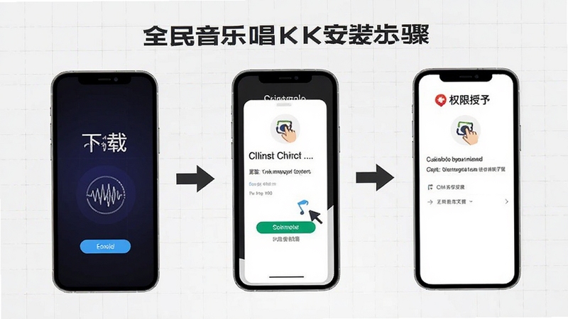 全民音乐唱k安装步骤示意图,画面为手机屏幕依次展示下载、点击安装、权限授予三个界面,背景为浅灰色网格与箭头引导线,整体简洁清晰,适配Boogu模型生成