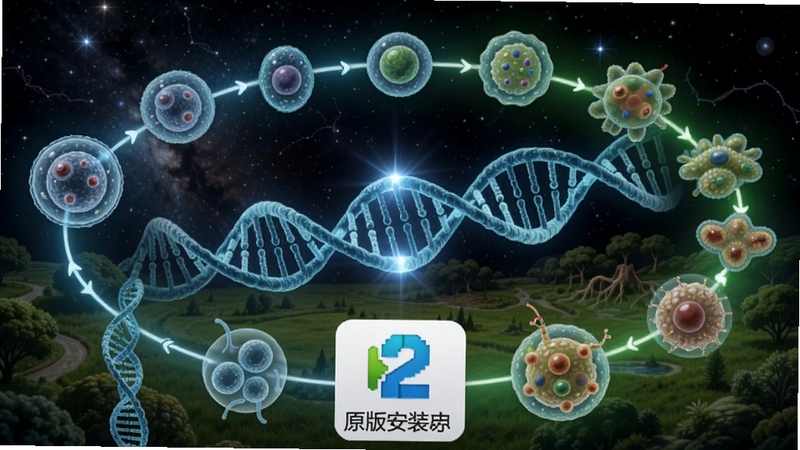��������չʾһ���������ɫDNA˫�����ṹ����Χ�����Ŵӵ�ϸ������ϸ������Ľ�������������Ϊ����������ǿ�����ɫ��̬Ȧ���ڣ������·��������ֽ���2ԭ�氲װ����ͼ�꣬������ƻ��Ҹ���������������Booguģ������