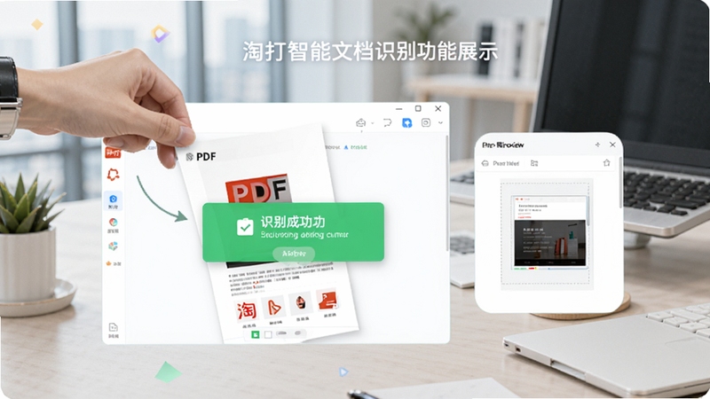 �Դ������ĵ�ʶ����չʾͼ��������һֻ�ֽ�һ��PDF�ĵ������Դ��������ڣ����������Զ�����ʶ��ɹ�����ɫ��ʾ���Ա�չʾ��ӡԤ������ͼ������Ϊ�ִ����칫����ɫ�������������Դ��Ч���ܵ��ص�