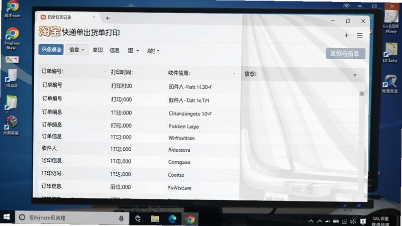 淘宝快递单出货单打印软件订单管理界面,画面展示历史打印记录列表,包含订单编号、打印时间、收件人信息等字段,界面清晰整洁,背景为电脑桌面