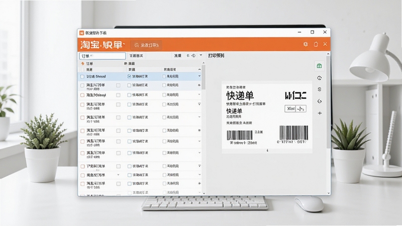 淘宝快递单出货单打印软件主界面全貌展示,画面中央为软件操作窗口,左侧显示订单列表,右侧为快递单打印预览区域,背景为简洁明亮的办公桌面环境,整体色调清爽专业,适合软件下载站展示