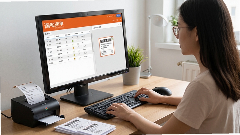 淘宝快递单出货单打印软件操作场景图,画面展示卖家坐在电脑前使用软件打印快递面单,屏幕上显示订单列表和打印预览,桌面上摆放着热敏打印机和已打印好的面单,整体氛围真实自然