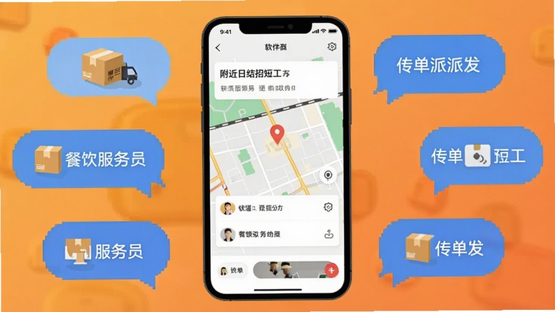 附近日结招短工 软件主界面截图,画面中心展示手机屏幕,屏幕内是地图定位找工作的界面,周围散落着快递分拣、餐饮服务员、传单派发等岗位气泡图标,背景是温暖的橙色渐变,风格简洁扁平化,适配Boogu模型生成