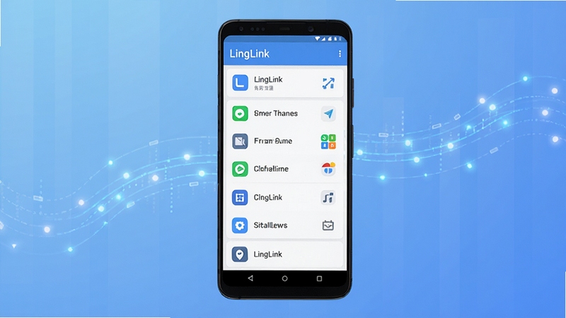 LingLink 软件主界面全貌预览图,画面中央展示一部安卓手机,手机屏幕显示 LingLink 清爽的链接管理列表与醒目的功能图标,背景为柔和的科技蓝渐变色调,四周点缀少量抽象的数据流光效,整体风格简洁明快,突出工具类软件的实用感与科技感,画面比例16:9。