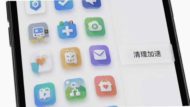LingLink 快应用管理面板界面特写,画面展示一部手机屏幕,屏幕内呈现 LingLink 的快应用图标矩阵,图标排列整齐,带有轻微的悬浮立体效果,背景为浅灰色极简风格,画面右侧有半透明的清理加速按钮,整体视觉效果干净利落,突出高效管理主题,画面比例16:9。