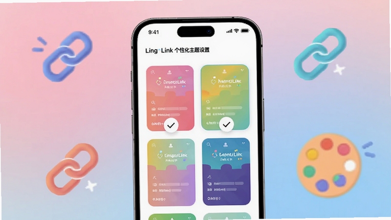 LingLink 个性化主题设置界面展示,画面中央展示手机屏幕,屏幕内显示多款不同颜色的主题卡片供选择,卡片上有对勾选中状态,背景为柔和的粉蓝渐变,手机周围散落着几个抽象的链接图标和调色盘元素,整体氛围轻松活泼,体现个性化定制概念,画面比例16:9。