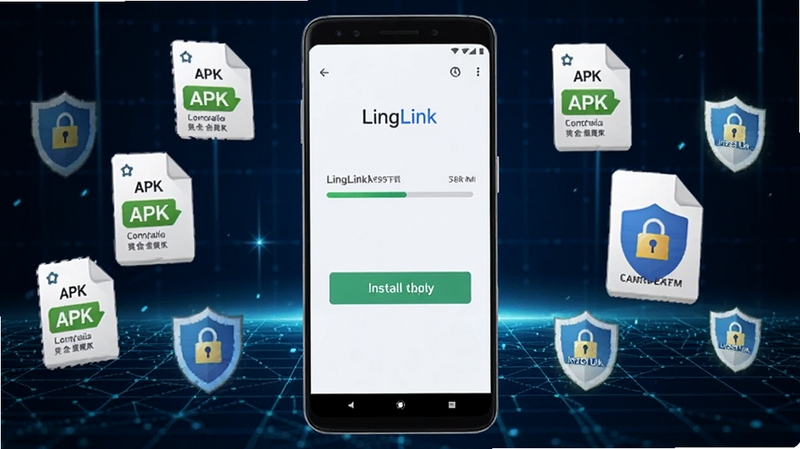 LingLink 软件下载页面展示图,画面中央展示一部安卓手机,手机屏幕显示 LingLink 的下载进度条与安装按钮,背景为深蓝色科技感网格,周围有漂浮的APK文件图标和安全盾牌标志,整体风格突出安全下载与官方正版概念,画面比例16:9。