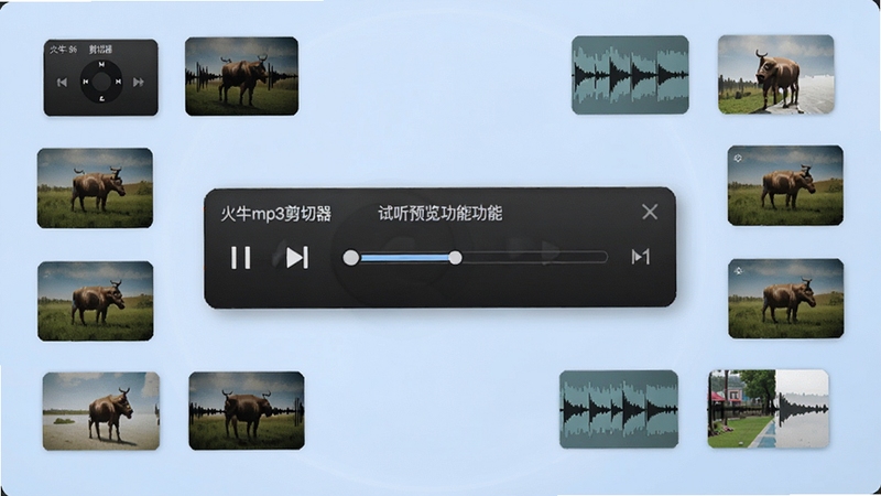 火牛mp3剪切器试听预览功能展示,界面中央为播放控制条与时间进度,周围环绕音频片段缩略图,背景为柔和浅蓝色调,突出便捷操作感
