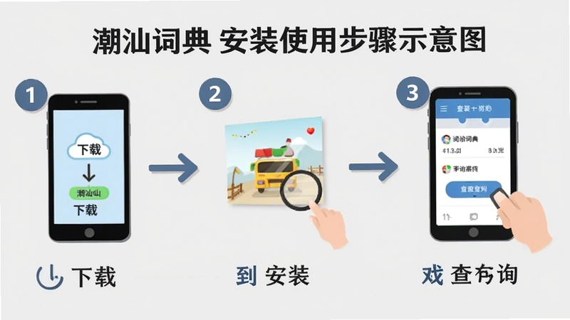 ���Ǵʵ䰲װʹ�ò���ʾ��ͼ������չʾ�����ص���װ�ٵ���ѯ���������̣�����Ϊǳ��ɫ�����������ֱ�ע����