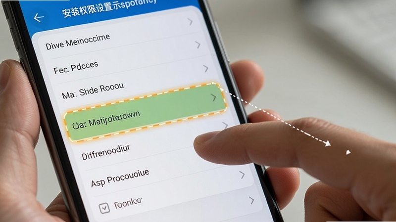 电子证件照管理通安装权限设置示意图,手机屏幕显示权限管理列表,存储权限被高亮标注,背景为手持手机操作的特写,画面清晰直观,适配Boogu模型生成